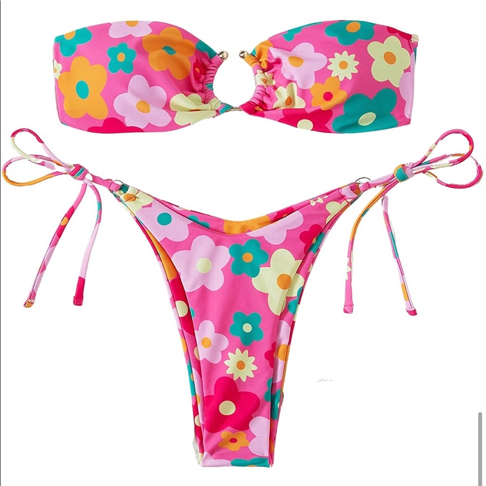 Pink flower bikini thong Brazilian sz small NEW